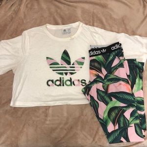 Green and Pink Tropical Crop Shirt and Tights Set